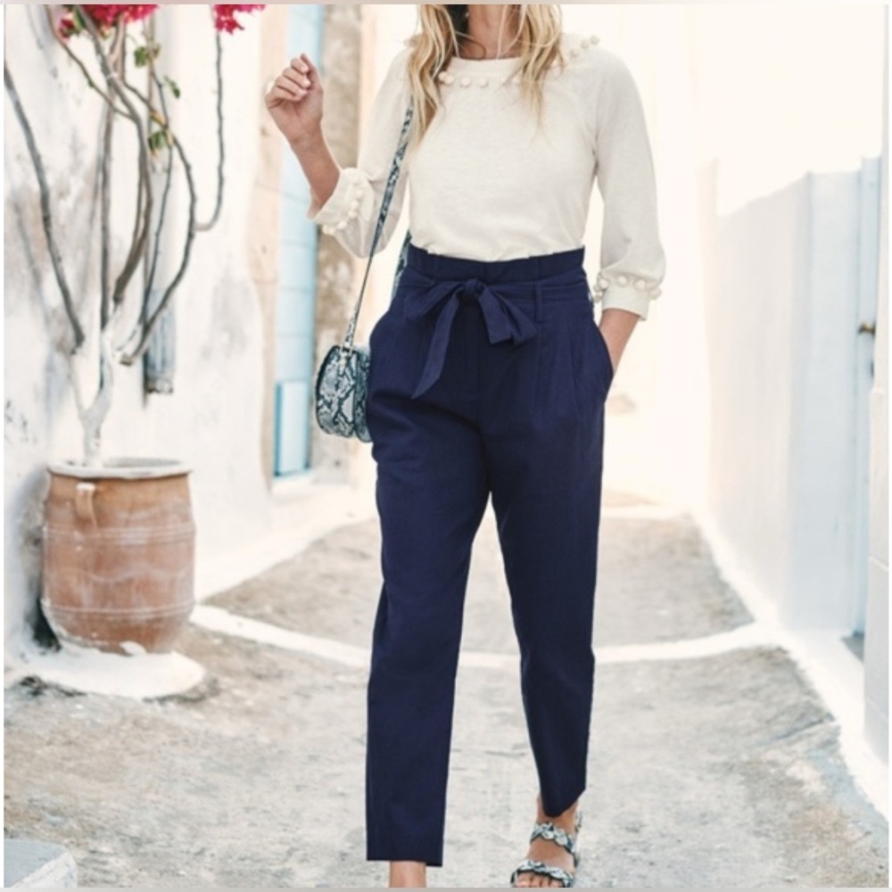 Boden Womens Navy Blue Melina Paperbag Tie‎ Waist Trousers Size 4 Petite